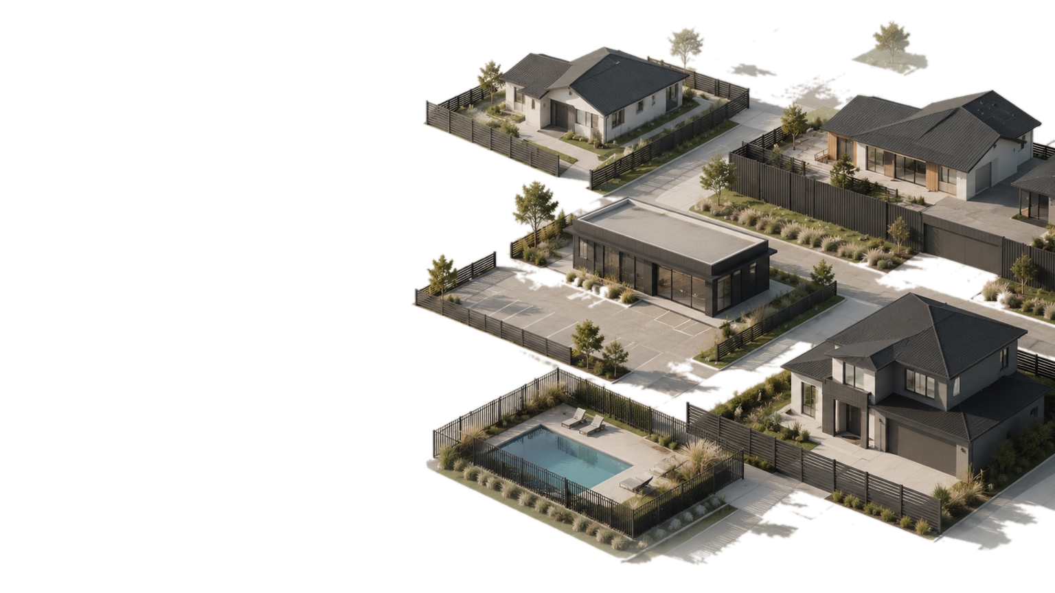 Fencing layout plan showing aluminium boundary systems around homes and pool areas